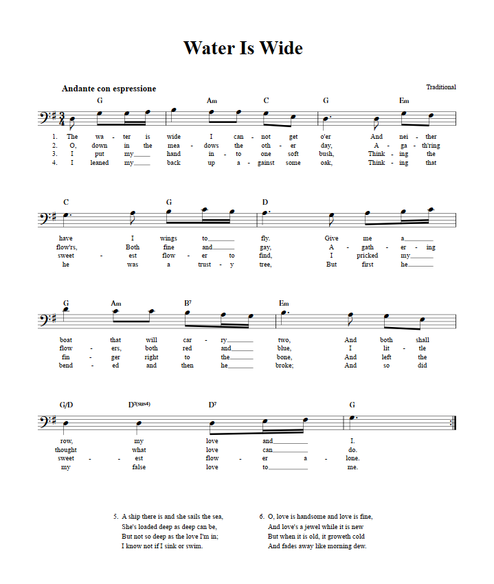 Water Is Wide Bass Clef Sheet Music