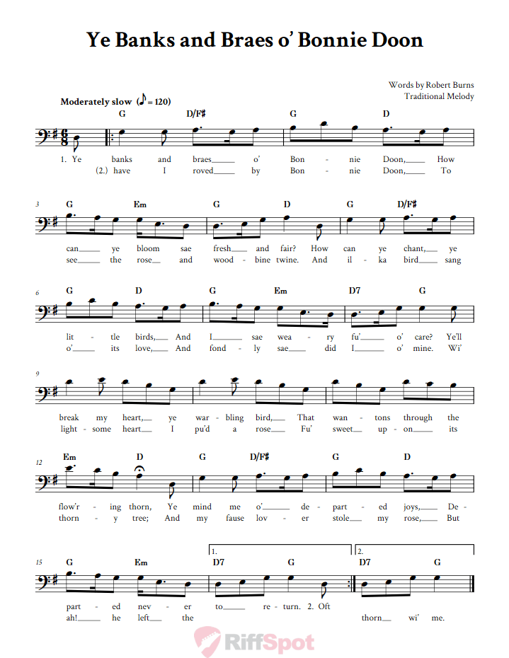 Ye Banks And Braes o' Bonnie Doon Bass Clef Sheet Music