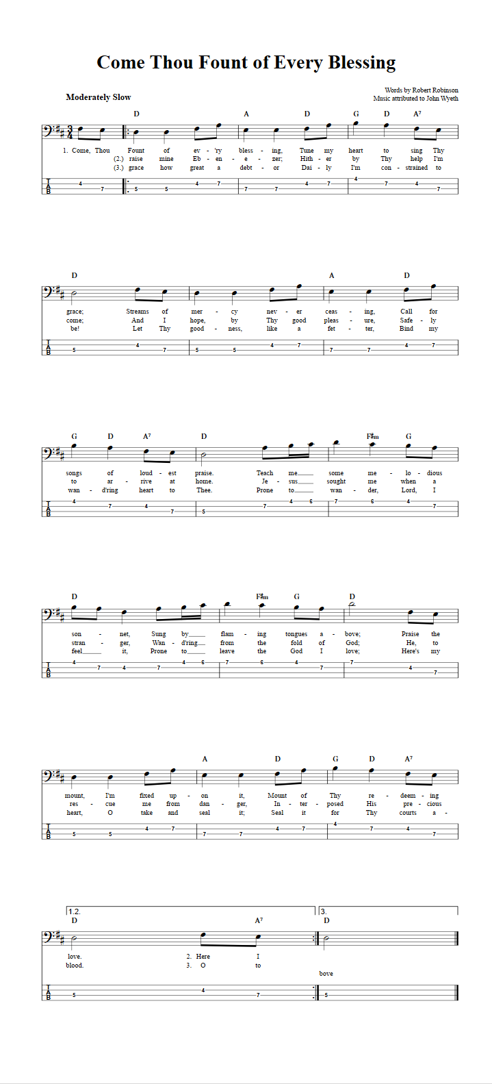 Come Thou Fount of Every Blessing  Bass Guitar Tab
