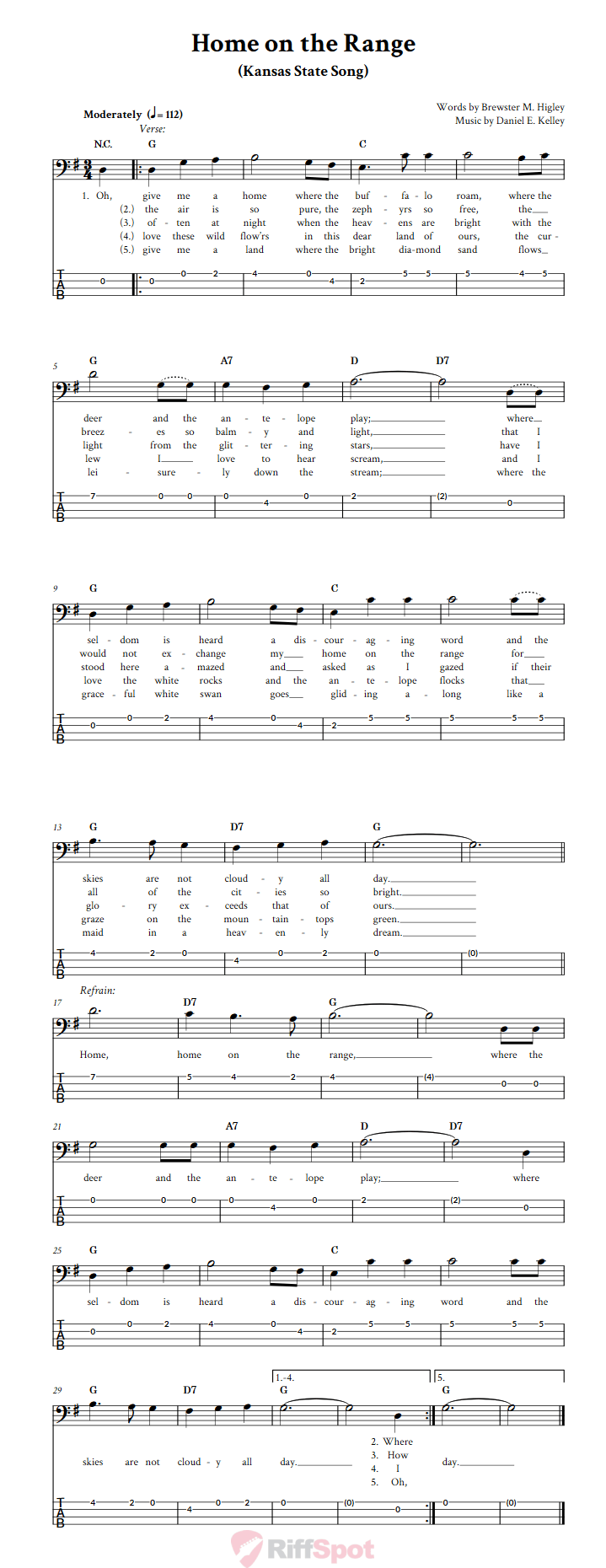 Home on the Range  Bass Guitar Tab