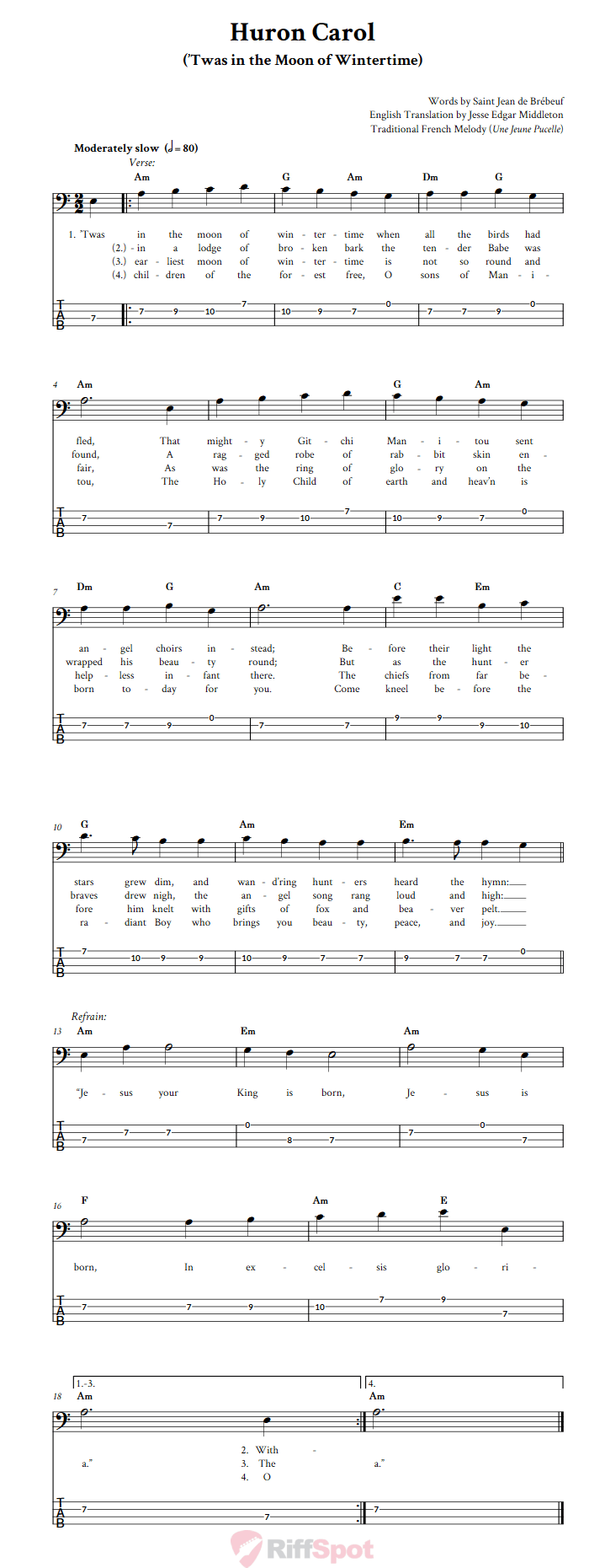 Huron Carol Bass Guitar Tab