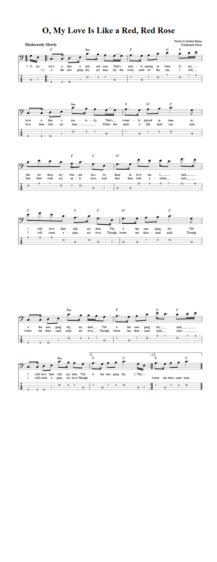 O, My Love Is Like a Red, Red Rose  Bass Guitar Tab