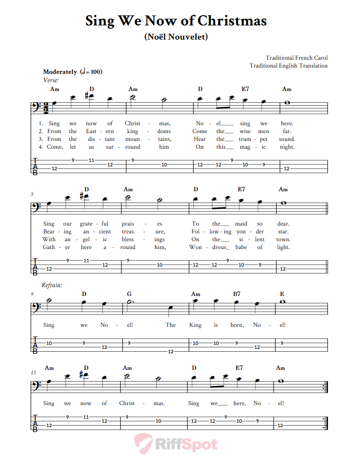 Sing We Now of Christmas Bass Guitar Tab