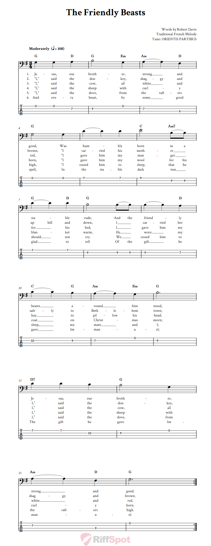 The Friendly Beasts Bass Guitar Tab
