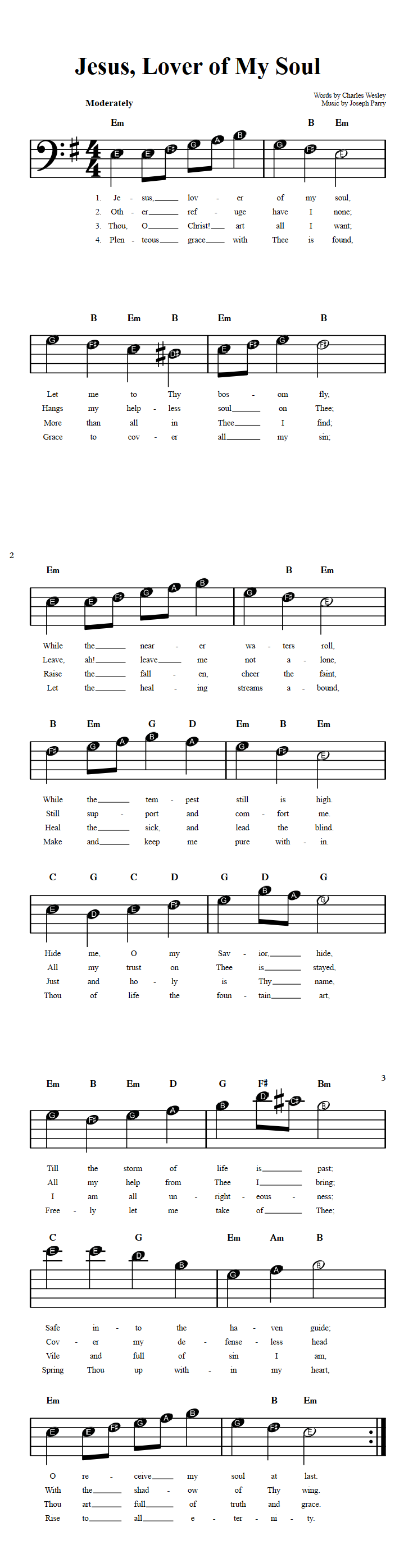 Jesus, Lover of My Soul Beginner Bass Clef Sheet Music