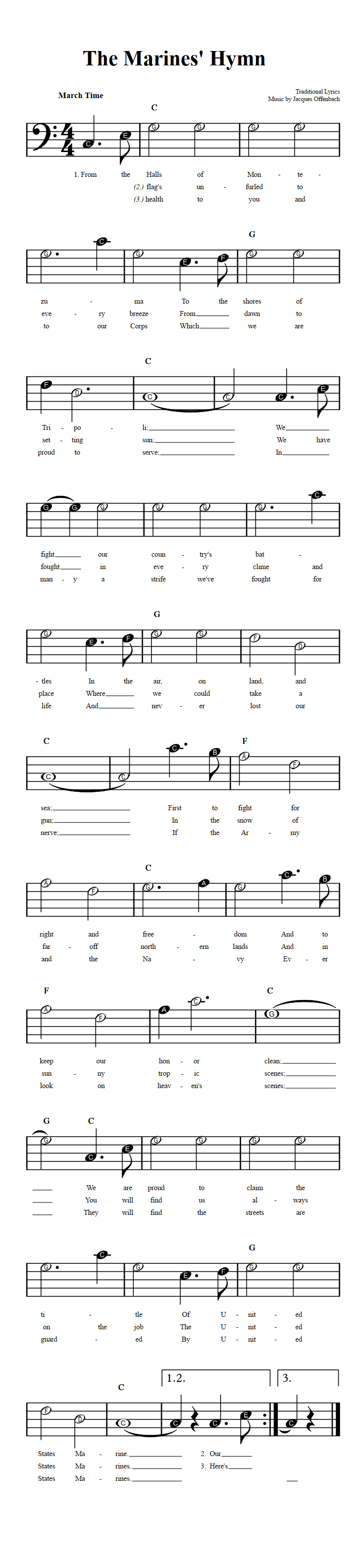 The Marines' Hymn  Beginner Bass Clef Sheet Music