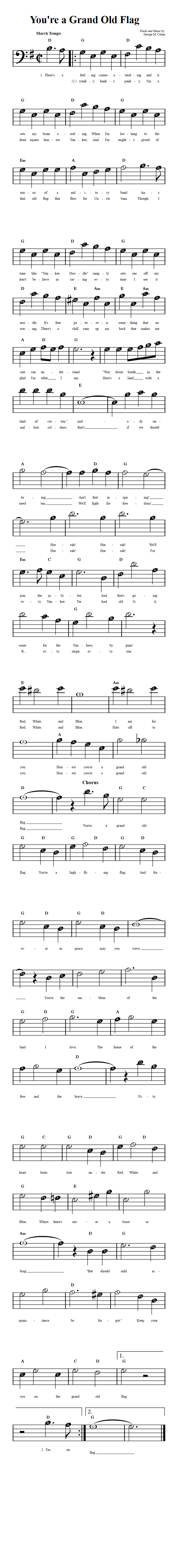 You're a Grand Old Flag  Beginner Bass Clef Sheet Music