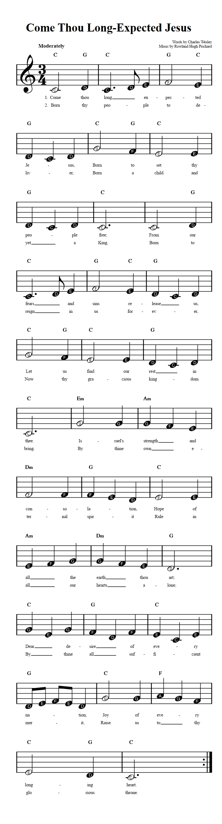Come Thou Long-Expected Jesus  Beginner Sheet Music