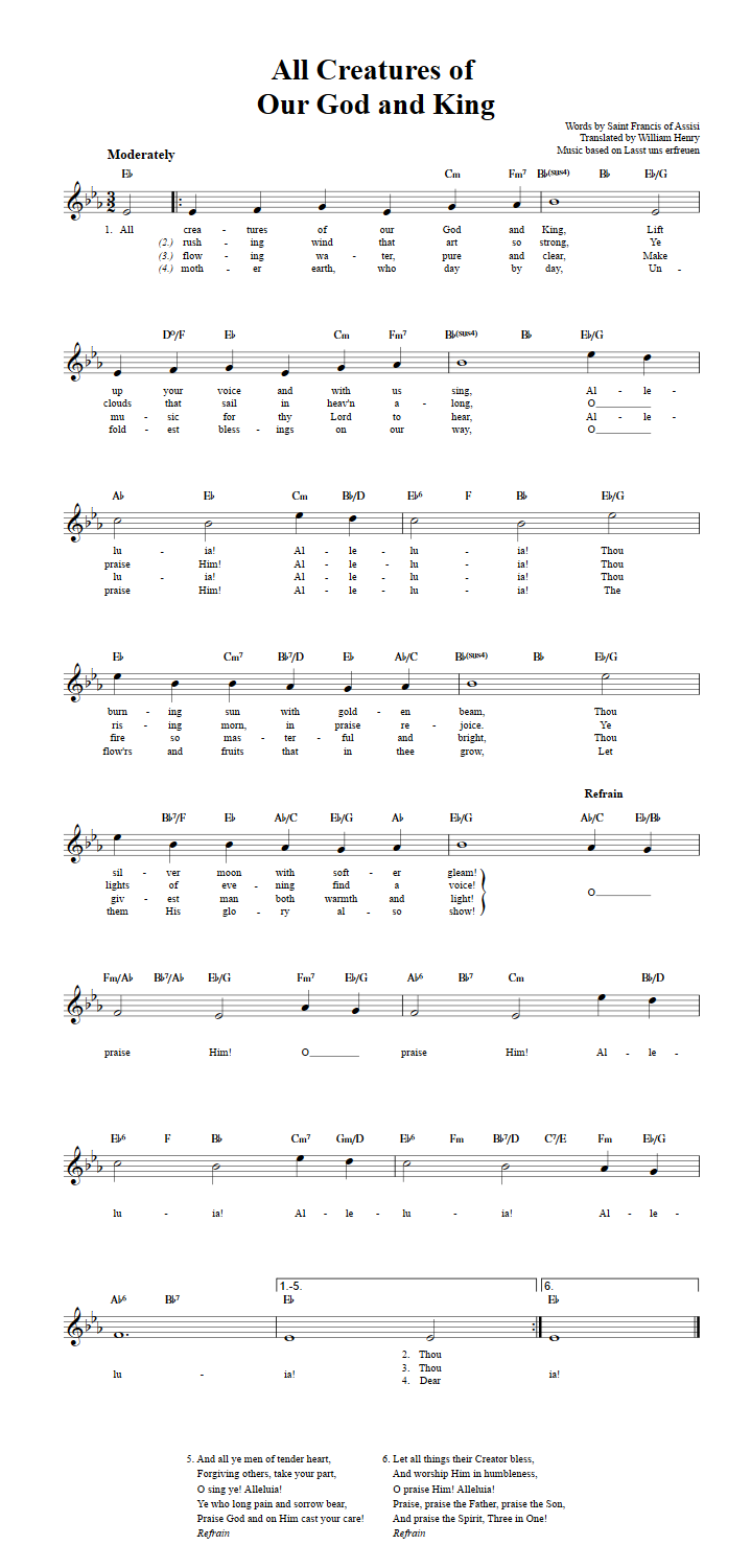 All Creatures of Our God and King Treble Clef Sheet Music for C Instruments