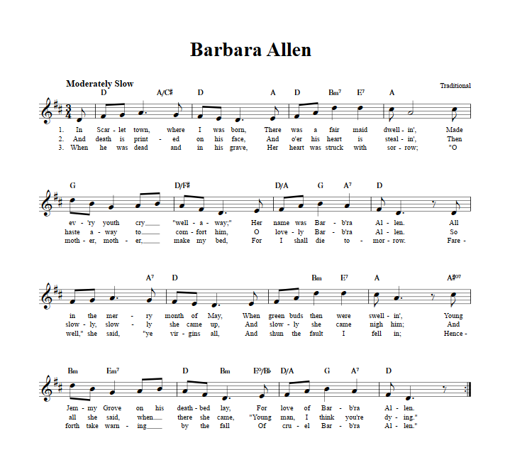 Barbara Allen Treble Clef Sheet Music for C Instruments
