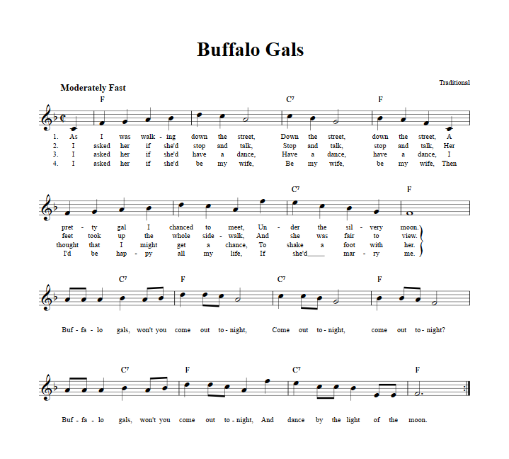 Buffalo Gals Treble Clef Sheet Music for C Instruments