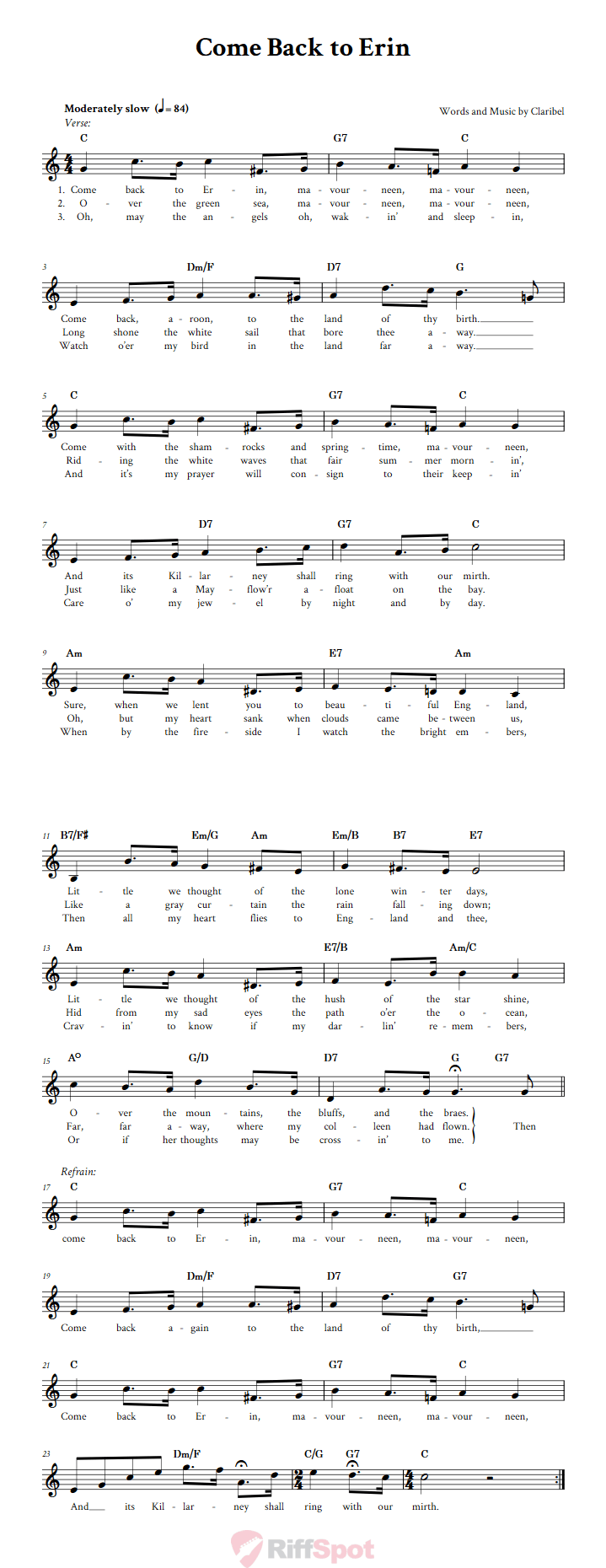 Come Back to Erin Treble Clef Sheet Music for C Instruments
