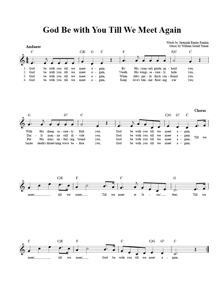 God Be with You Till We Meet Again Treble Clef Sheet Music for C Instruments