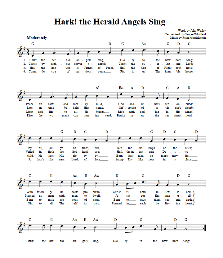 Hark! the Herald Angels Sing Treble Clef Sheet Music for C Instruments