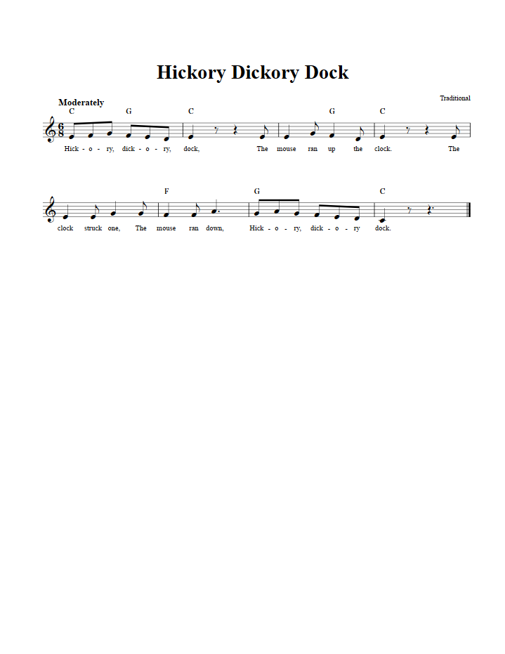 Hickory Dickory Dock Treble Clef Sheet Music for C Instruments