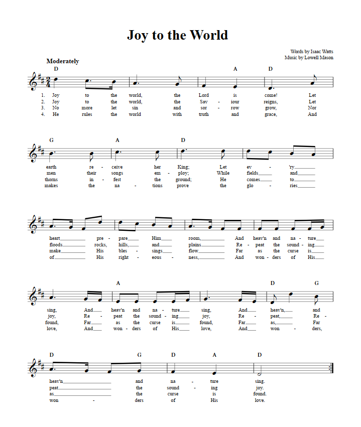 Joy to the World Treble Clef Sheet Music for C Instruments