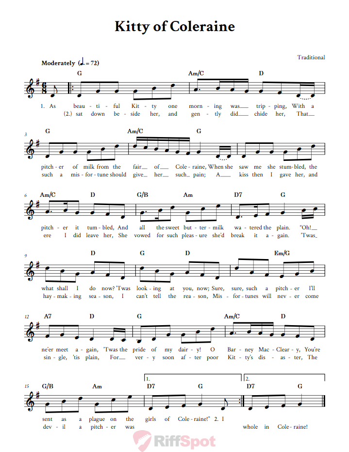 Kitty of Coleraine Treble Clef Sheet Music for C Instruments