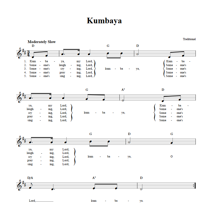 Kumbaya Treble Clef Sheet Music for C Instruments