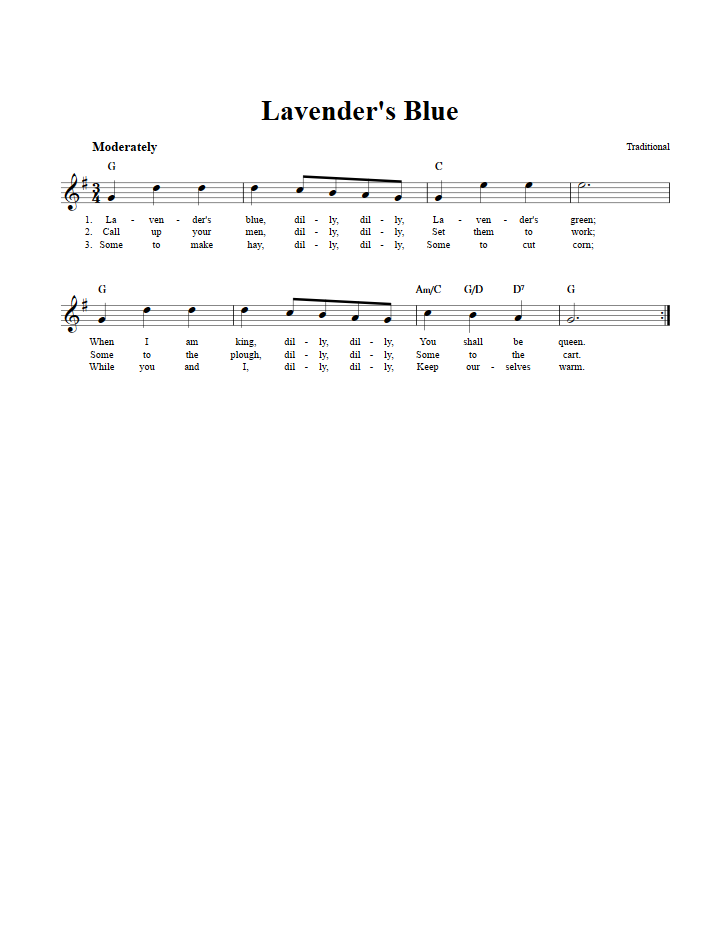 Lavender's Blue Treble Clef Sheet Music for C Instruments