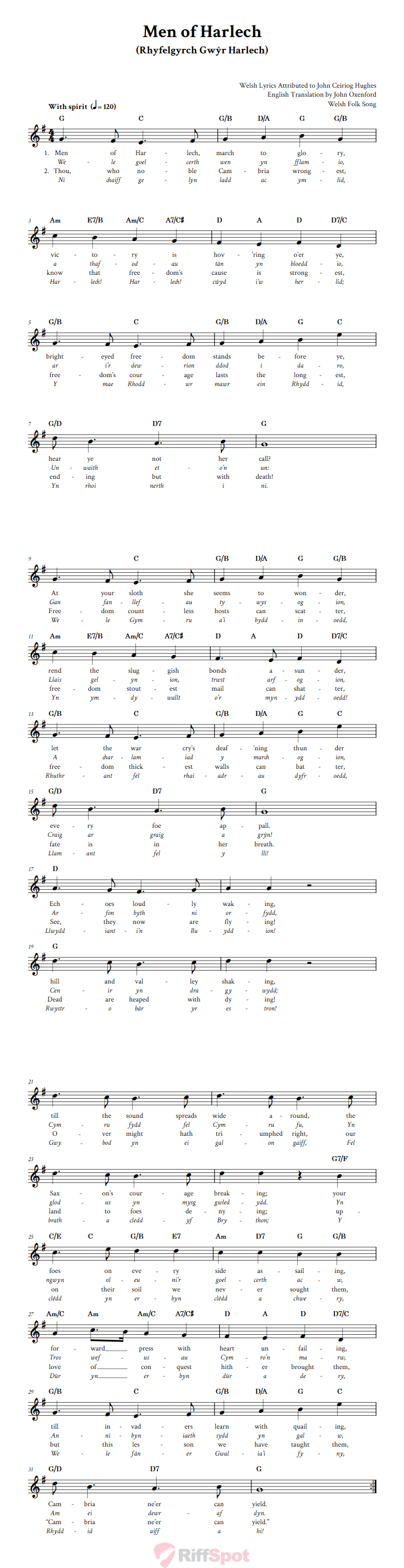 Men of Harlech Treble Clef Sheet Music for C Instruments