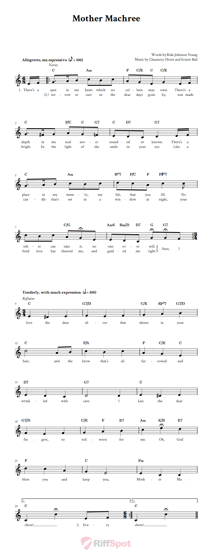 Mother Machree Treble Clef Sheet Music for C Instruments