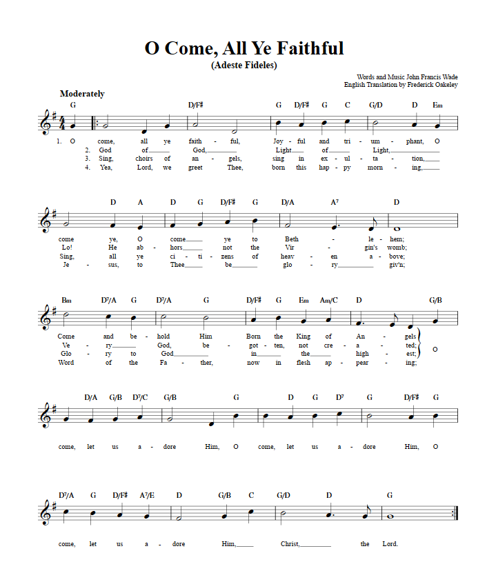O Come All Ye Faithful Treble Clef Sheet Music for C Instruments