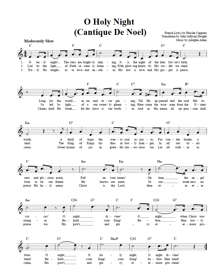 O Holy Night Treble Clef Sheet Music for C Instruments