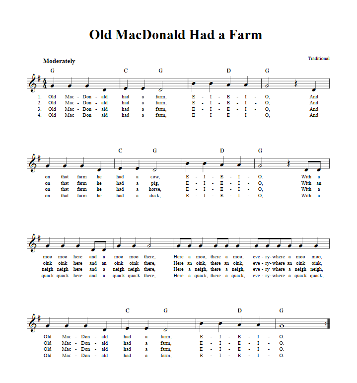 Old MacDonald Had a Farm Treble Clef Sheet Music for C Instruments