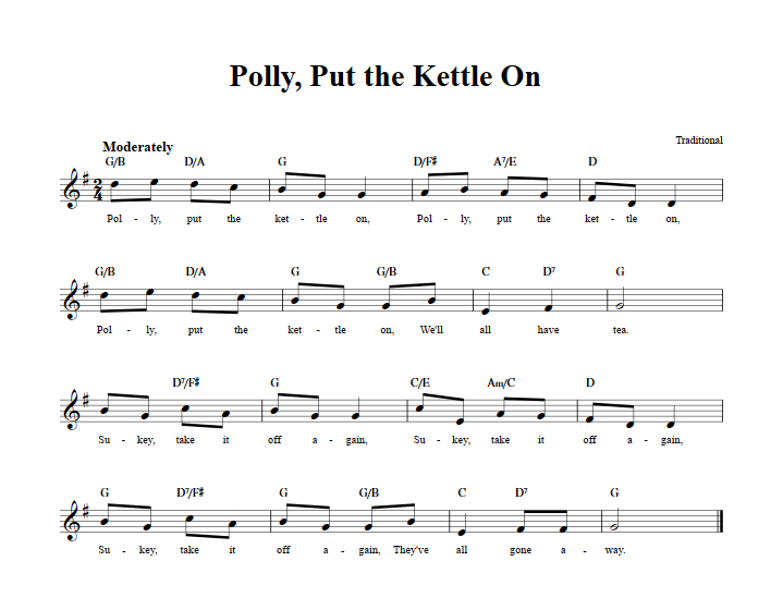 Polly Put the Kettle On Treble Clef Sheet Music for C Instruments