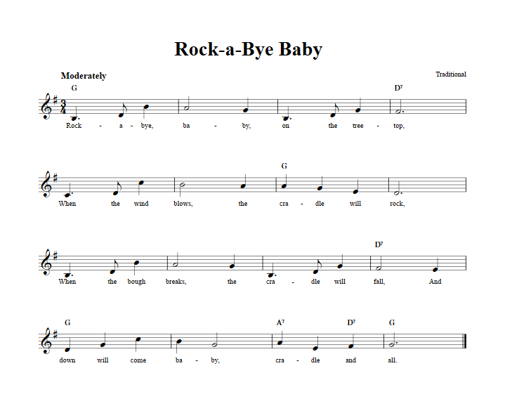 Rock-a-Bye Baby Treble Clef Sheet Music for C Instruments