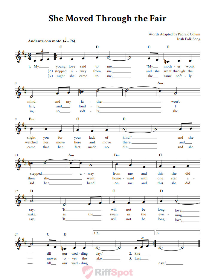 She Moved Through the Fair Treble Clef Sheet Music for C Instruments