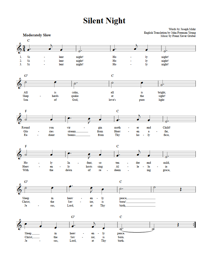 Silent Night Treble Clef Sheet Music for C Instruments