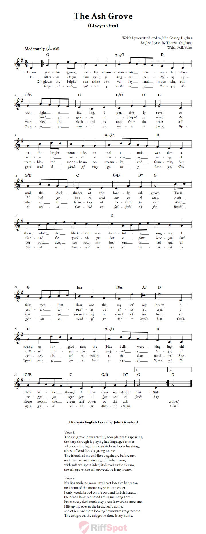 The Ash Grove Treble Clef Sheet Music for C Instruments