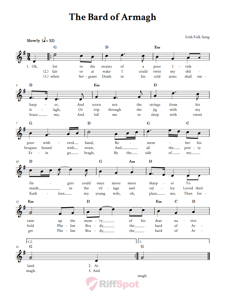 The Bard of Armagh Treble Clef Sheet Music for C Instruments