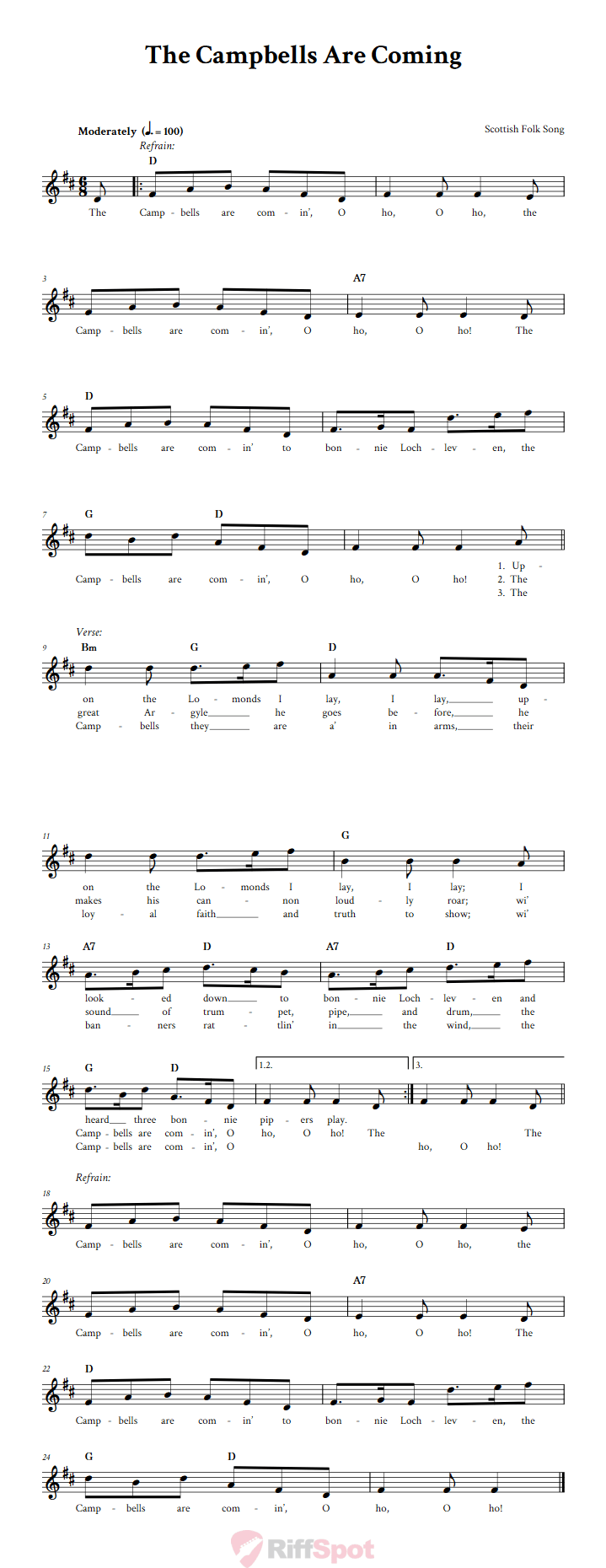 The Campbells Are Coming Treble Clef Sheet Music for C Instruments