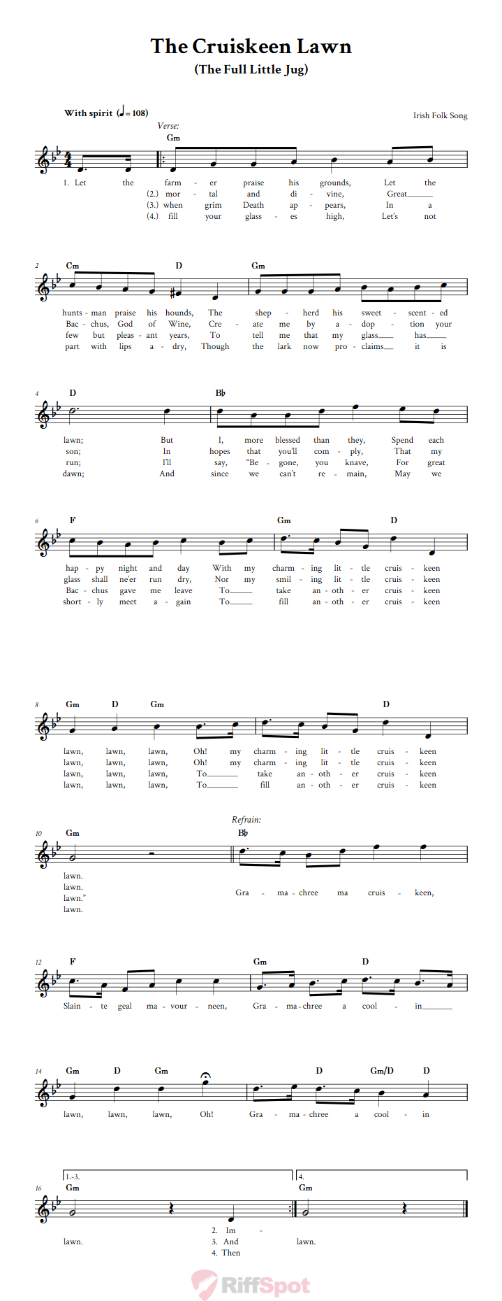 The Cruiskeen Lawn Treble Clef Sheet Music for C Instruments