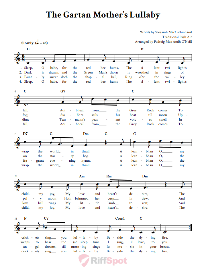 The Gartan Mother's Lullaby Treble Clef Sheet Music for C Instruments
