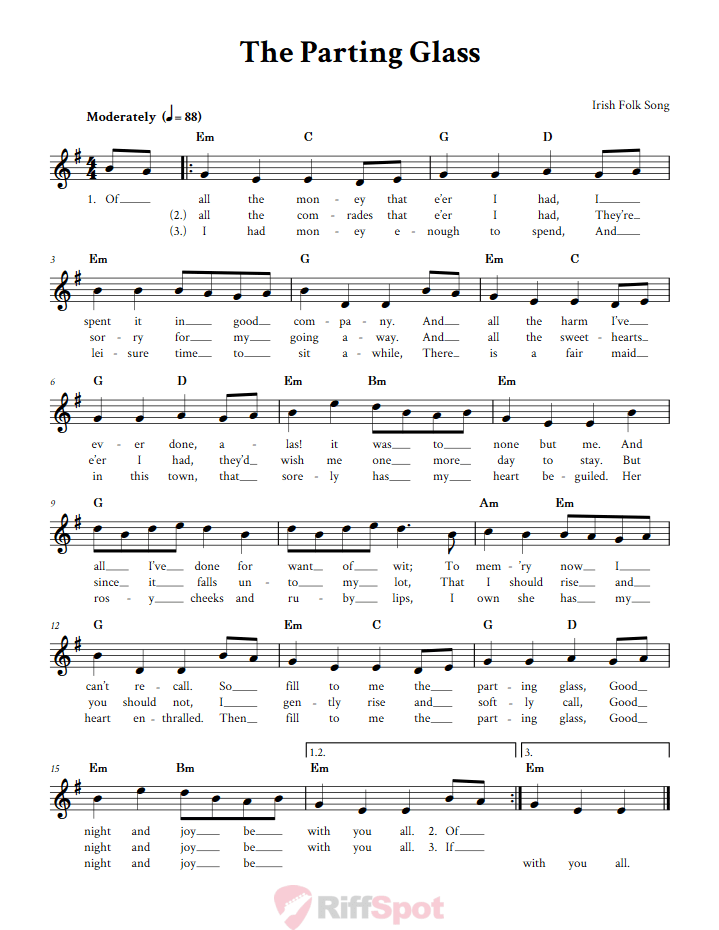 The Parting Glass Treble Clef Sheet Music for C Instruments