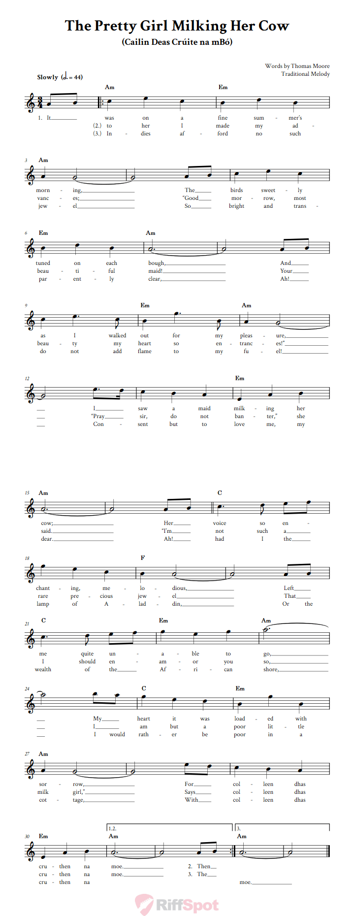 The Pretty Girl Milking Her Cow Treble Clef Sheet Music for C Instruments