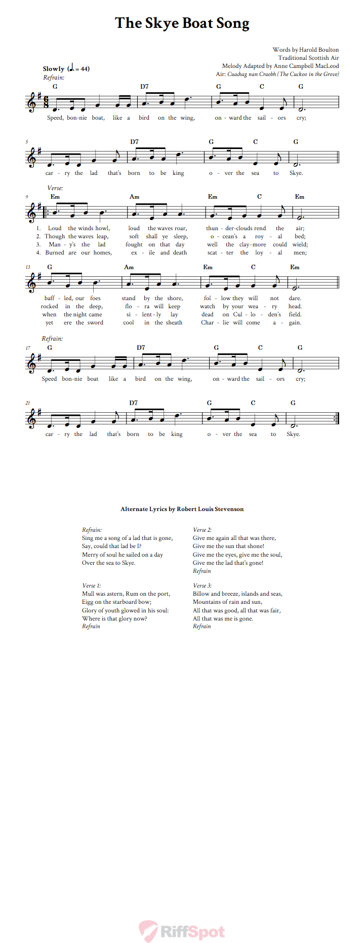 The Skye Boat Song Treble Clef Sheet Music for C Instruments
