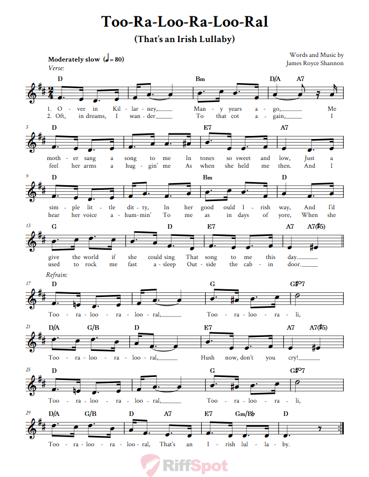 Too-Ra-Loo-Ra-Loo-Ral (That's an Irish Lullaby) Treble Clef Sheet Music for C Instruments