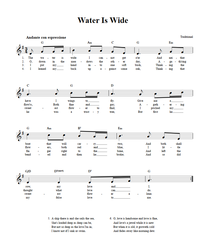 Water Is Wide Treble Clef Sheet Music for C Instruments