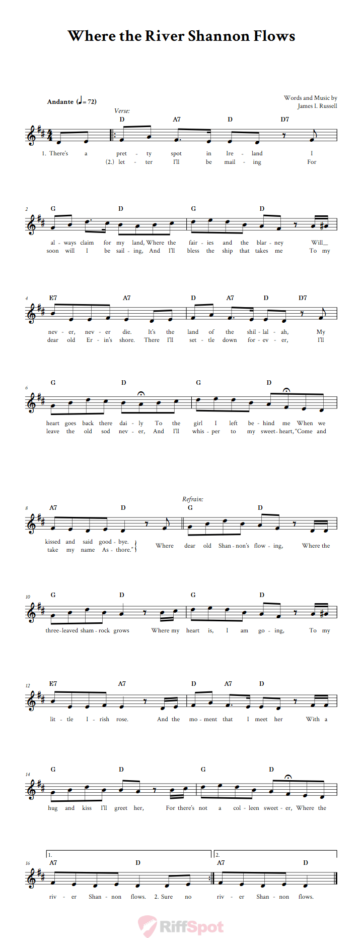 Where the River Shannon Flows Treble Clef Sheet Music for C Instruments