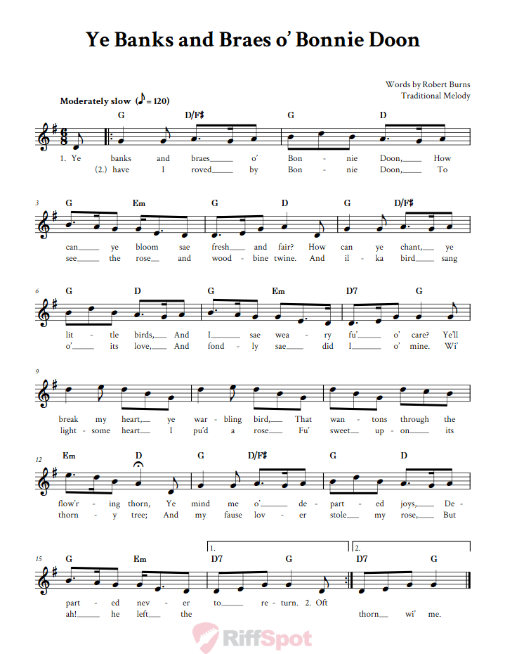 Ye Banks And Braes o' Bonnie Doon Treble Clef Sheet Music for C Instruments