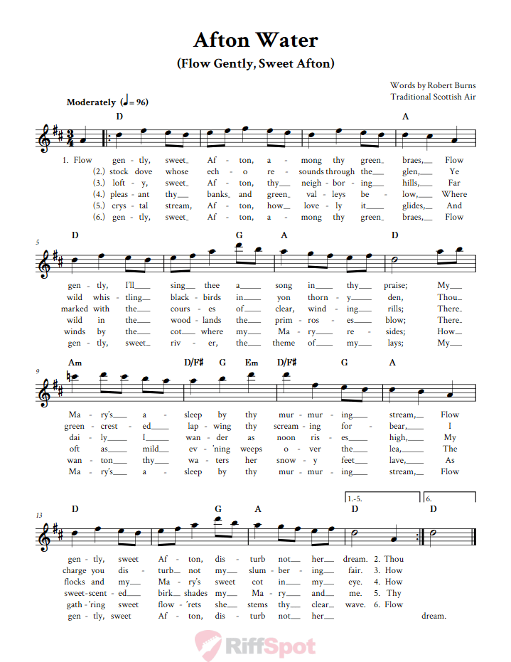 Afton Water Treble Clef Sheet Music for E-Flat Instruments