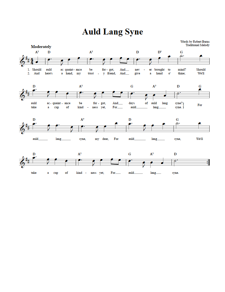 Auld Lang Syne Treble Clef Sheet Music for E-Flat Instruments