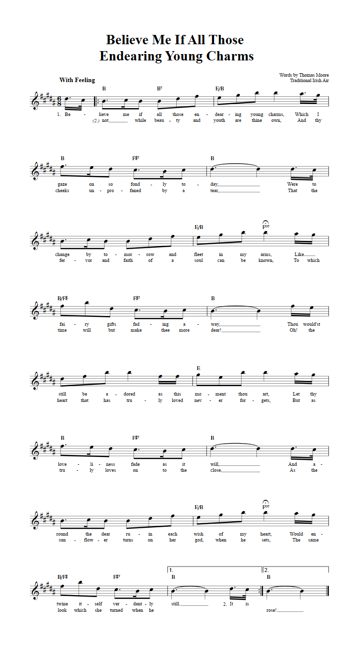 Believe Me If All Those Endearing Young Charms Treble Clef Sheet Music for E-Flat Instruments