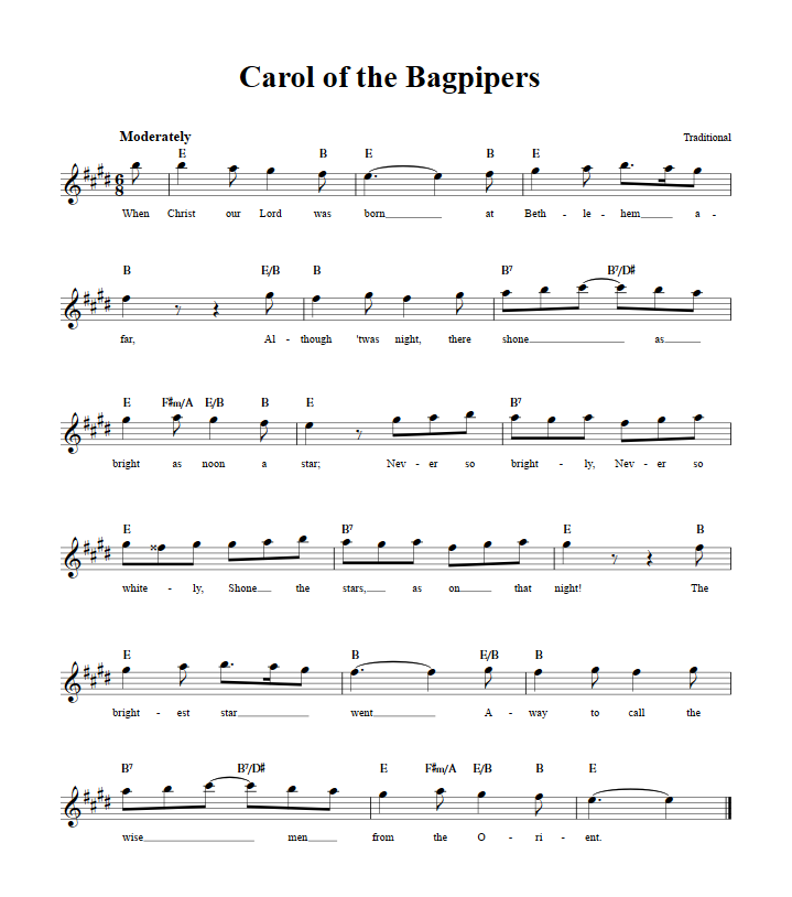 Carol of the Bagpipers Treble Clef Sheet Music for E-Flat Instruments