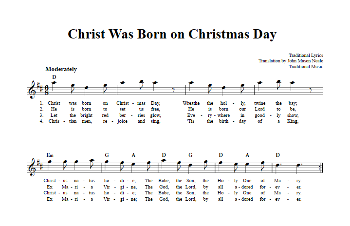 Christ Was Born on Christmas Day Treble Clef Sheet Music for E-Flat Instruments