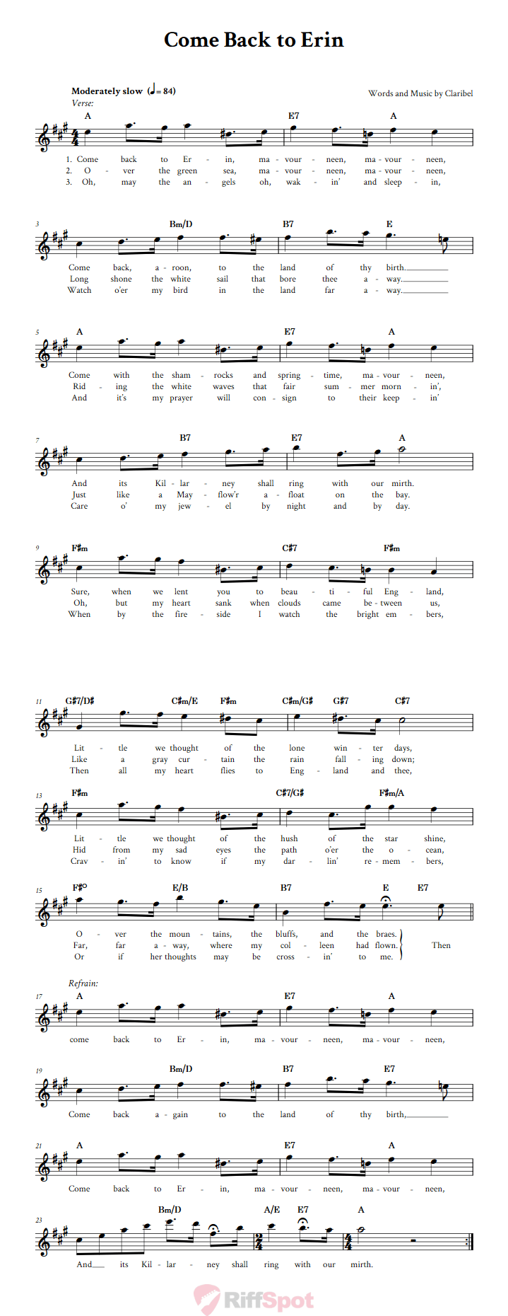 Come Back to Erin Treble Clef Sheet Music for E-Flat Instruments